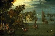 Jan Brueghel A Busy River Scene with Dutch Vessels and a Ferry oil painting